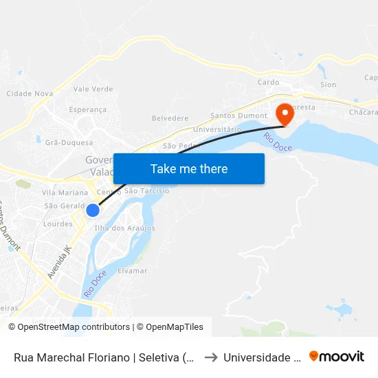 Rua Marechal Floriano | Seletiva (09abc/13ab/15/16abc/23a/27/58a/58b) - Governador Valadares to Universidade Vale Do Rio Doce - Campus II map