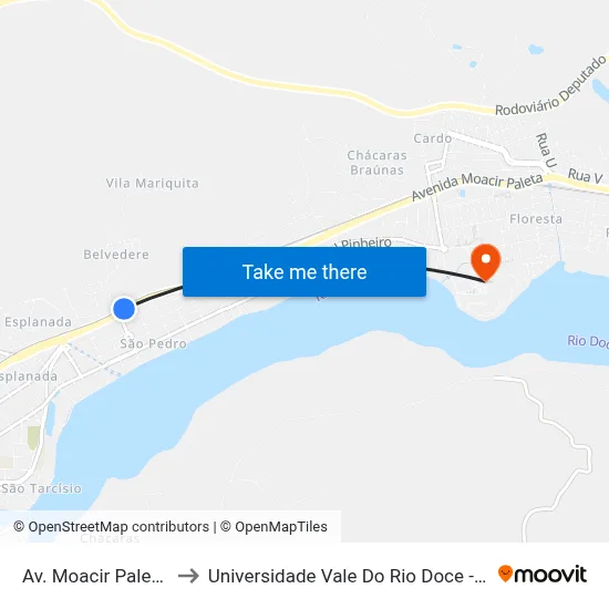 Av. Moacir Paleta, 800 to Universidade Vale Do Rio Doce - Campus II map