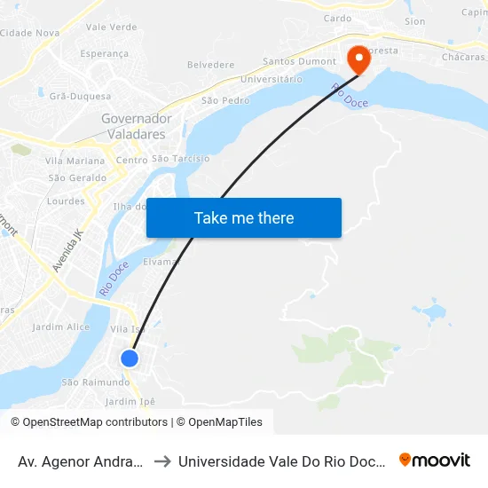 Av. Agenor Andrade, 1493 to Universidade Vale Do Rio Doce - Campus II map