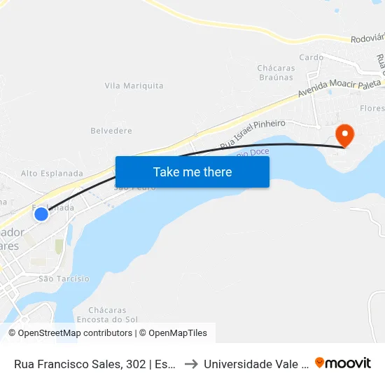 Rua Francisco Sales, 302 | Estádio Mamudão/Hospital São Vicente to Universidade Vale Do Rio Doce - Campus II map