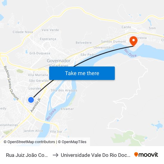 Rua Juiz João Costa, 3385 to Universidade Vale Do Rio Doce - Campus II map