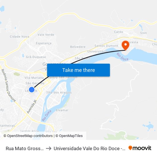 Rua Mato Grosso, 295 to Universidade Vale Do Rio Doce - Campus II map