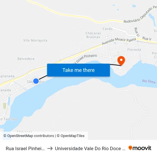 Rua Israel Pinheiro, 606 to Universidade Vale Do Rio Doce - Campus II map