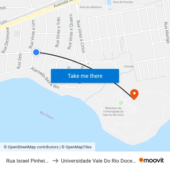 Rua Israel Pinheiro, 1625 to Universidade Vale Do Rio Doce - Campus II map