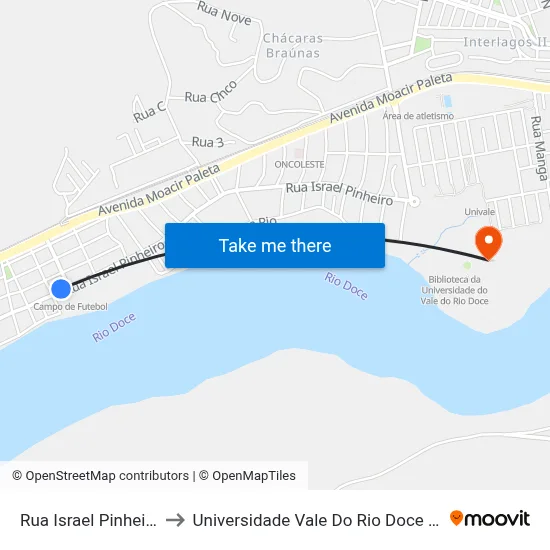 Rua Israel Pinheiro, 201 to Universidade Vale Do Rio Doce - Campus II map