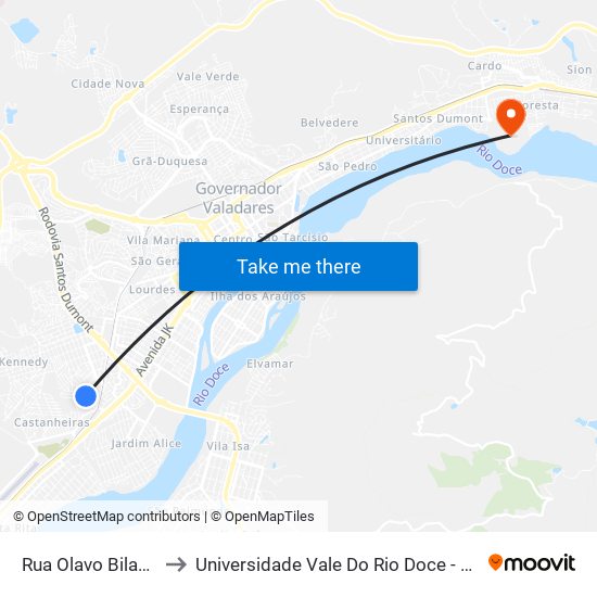 Rua Olavo Bilac, 260 to Universidade Vale Do Rio Doce - Campus II map