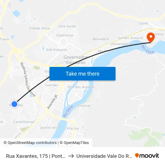 Rua Xavantes, 175 | Ponto Final Do Bela Vista to Universidade Vale Do Rio Doce - Campus II map