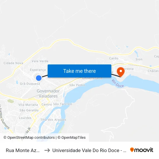 Rua Monte Azul, 201 to Universidade Vale Do Rio Doce - Campus II map