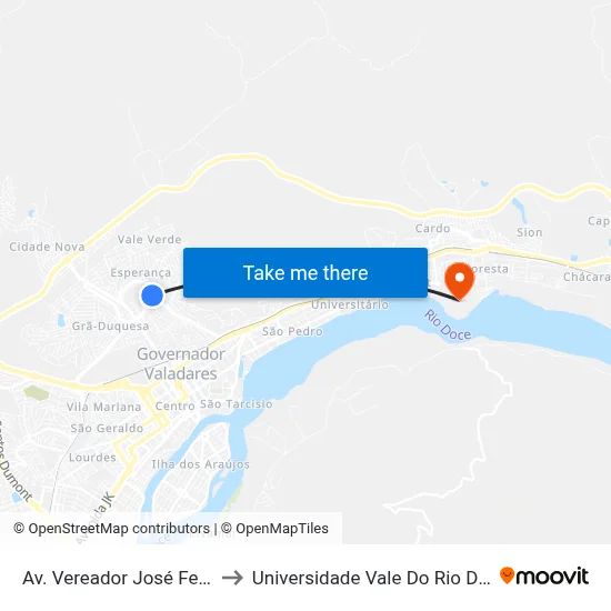 Av. Vereador José Fernandes, 160 to Universidade Vale Do Rio Doce - Campus II map