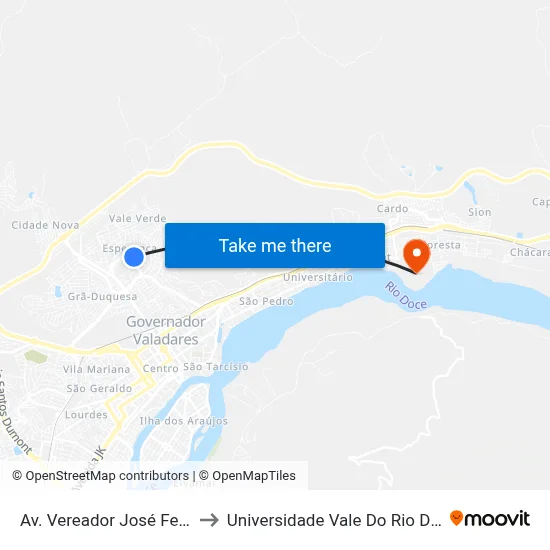 Av. Vereador José Fernandes, 352 to Universidade Vale Do Rio Doce - Campus II map