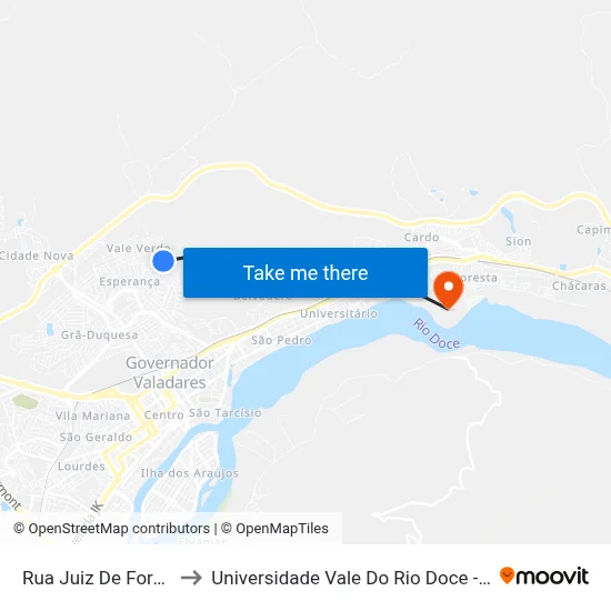 Rua Juiz De Fora, 1099 to Universidade Vale Do Rio Doce - Campus II map