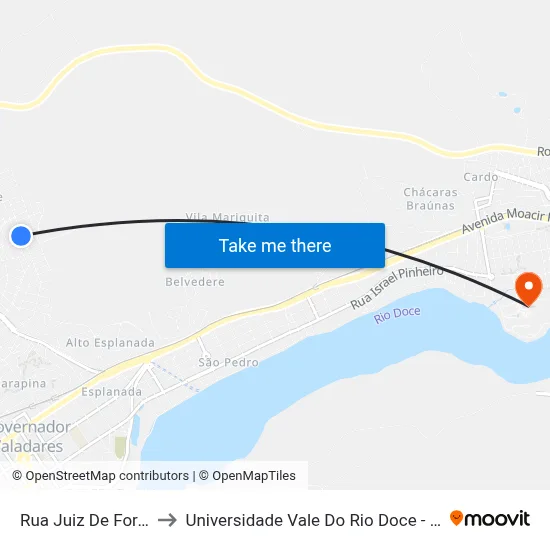 Rua Juiz De Fora, 955 to Universidade Vale Do Rio Doce - Campus II map