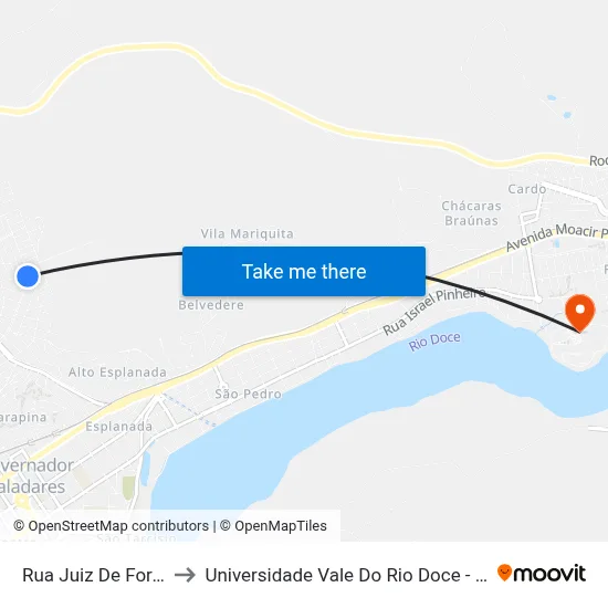 Rua Juiz De Fora, 757 to Universidade Vale Do Rio Doce - Campus II map