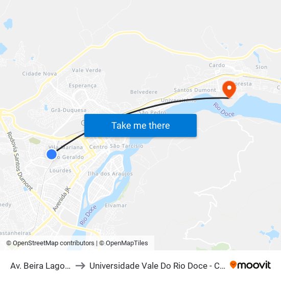 Av. Beira Lago, 150 to Universidade Vale Do Rio Doce - Campus II map