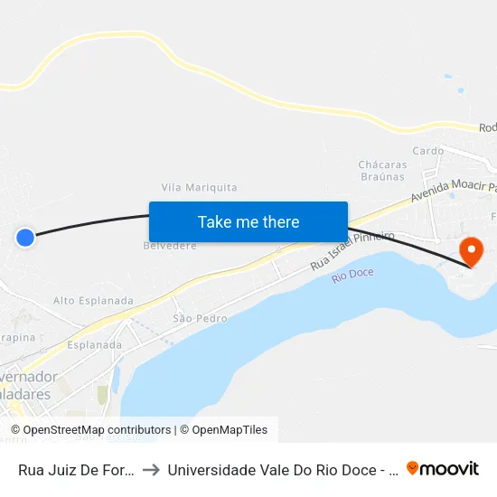 Rua Juiz De Fora, 585 to Universidade Vale Do Rio Doce - Campus II map