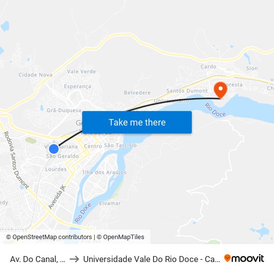 Av. Do Canal, 409 to Universidade Vale Do Rio Doce - Campus II map