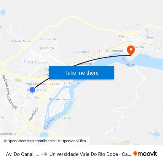 Av. Do Canal, 777 to Universidade Vale Do Rio Doce - Campus II map