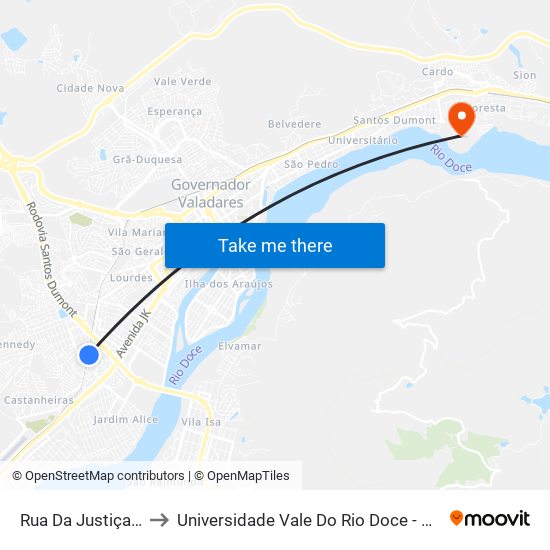 Rua Da Justiça, 250 to Universidade Vale Do Rio Doce - Campus II map