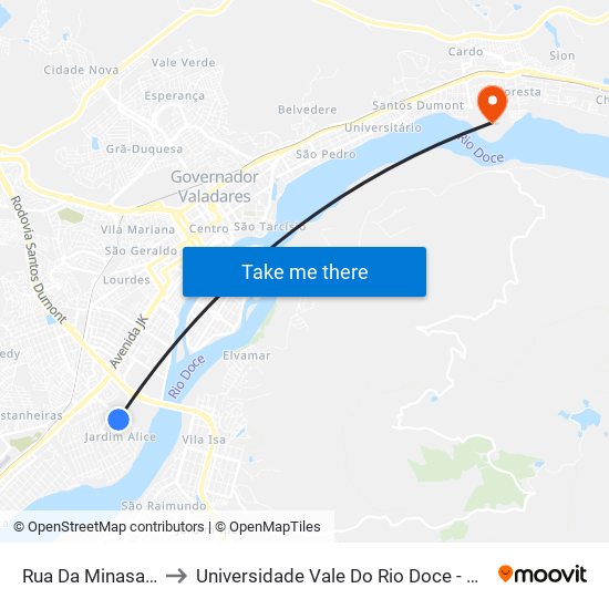 Rua Da Minasa, 400 to Universidade Vale Do Rio Doce - Campus II map