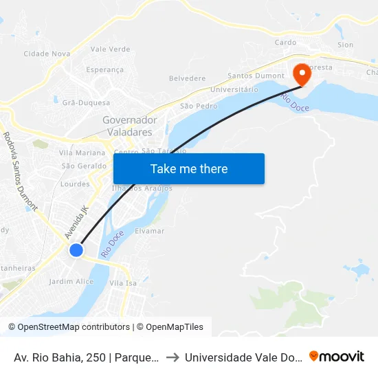 Av. Rio Bahia, 250 | Parque De Exposições, Portão 15 to Universidade Vale Do Rio Doce - Campus II map