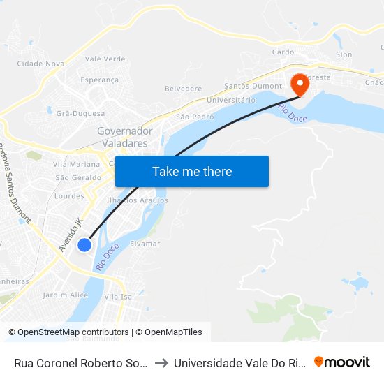 Rua Coronel Roberto Soares Ferreira, 1327 to Universidade Vale Do Rio Doce - Campus II map