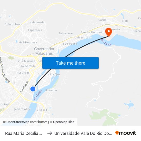 Rua Maria Cecília Moreira, 79 to Universidade Vale Do Rio Doce - Campus II map