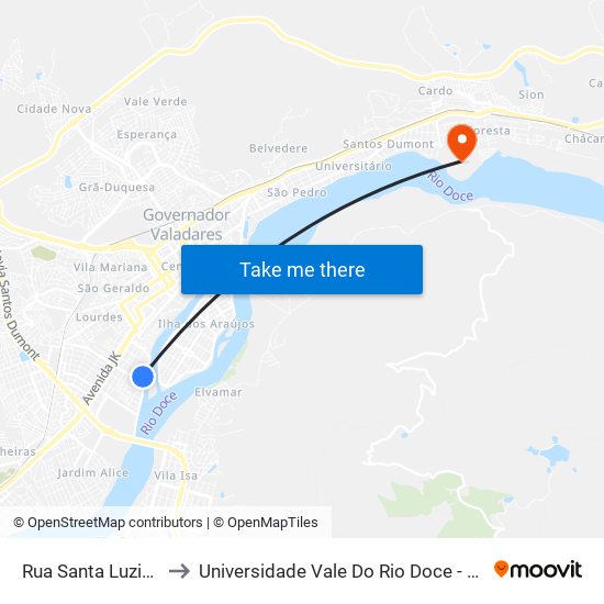 Rua Santa Luzia, 105 to Universidade Vale Do Rio Doce - Campus II map