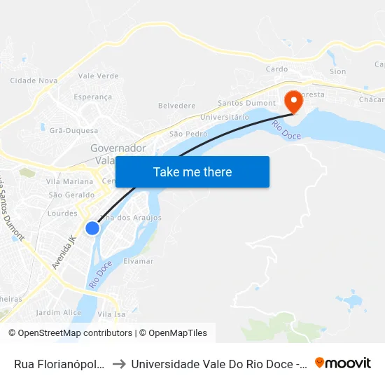 Rua Florianópolis, 158 to Universidade Vale Do Rio Doce - Campus II map