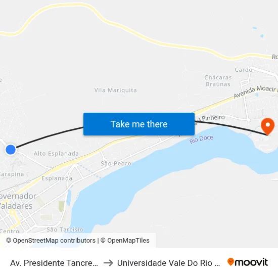 Av. Presidente Tancredo Neves, 888 to Universidade Vale Do Rio Doce - Campus II map