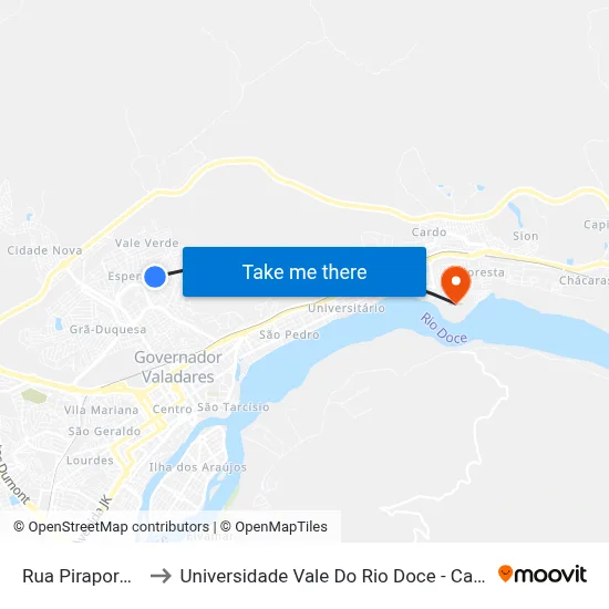 Rua Pirapora, 33 to Universidade Vale Do Rio Doce - Campus II map