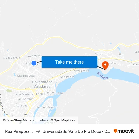 Rua Pirapora, 217 to Universidade Vale Do Rio Doce - Campus II map