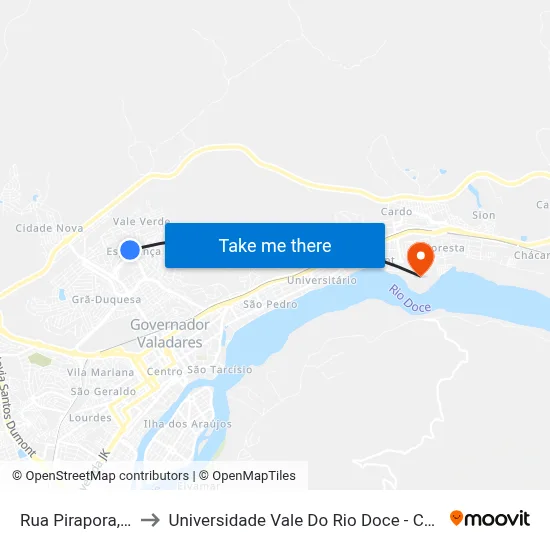 Rua Pirapora, 331 to Universidade Vale Do Rio Doce - Campus II map