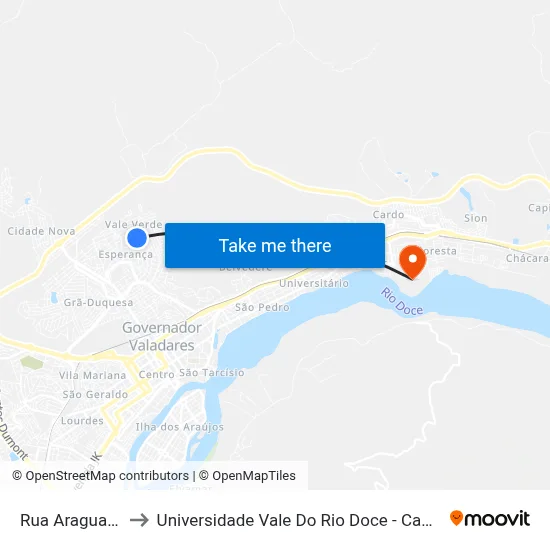 Rua Araguari, 5 to Universidade Vale Do Rio Doce - Campus II map