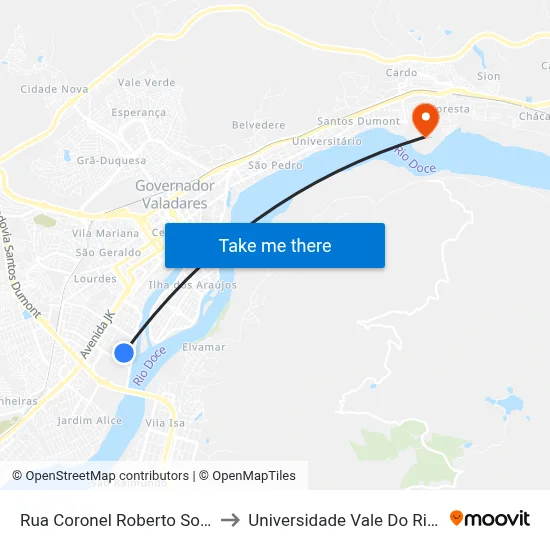 Rua Coronel Roberto Soares Ferreira, 1457 to Universidade Vale Do Rio Doce - Campus II map