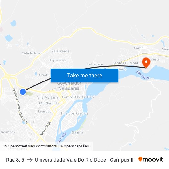 Rua 8, 5 to Universidade Vale Do Rio Doce - Campus II map