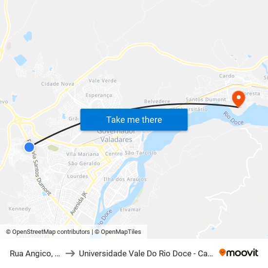 Rua Angico, 348 to Universidade Vale Do Rio Doce - Campus II map