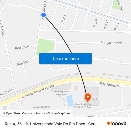Rua A, 56 to Universidade Vale Do Rio Doce - Ceu map