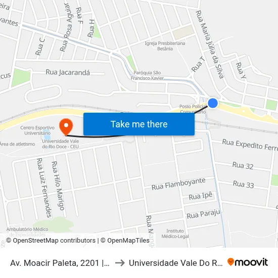 Av. Moacir Paleta, 2201 | Posto Policial to Universidade Vale Do Rio Doce - Ceu map