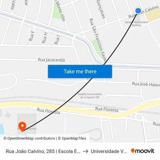 Rua João Calvino, 285 | Escola Estadual Dr. Antônio Ferreira Lisboa Dias to Universidade Vale Do Rio Doce - Ceu map