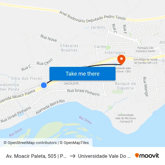 Av. Moacir Paleta, 505 | Posto Açucareira to Universidade Vale Do Rio Doce - Ceu map
