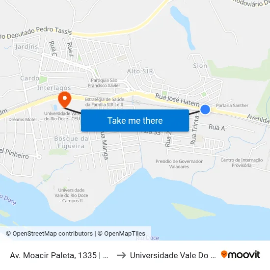 Av. Moacir Paleta, 1335 | Acesso À Santher to Universidade Vale Do Rio Doce - Ceu map