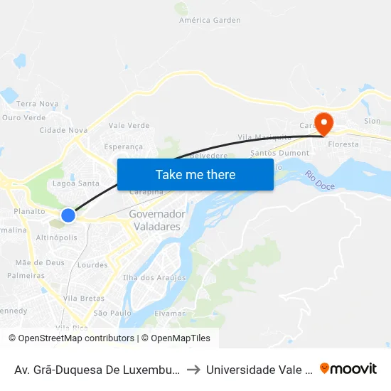 Av. Grã-Duquesa De Luxemburgo, 4680 | Viação Riodoce to Universidade Vale Do Rio Doce - Ceu map