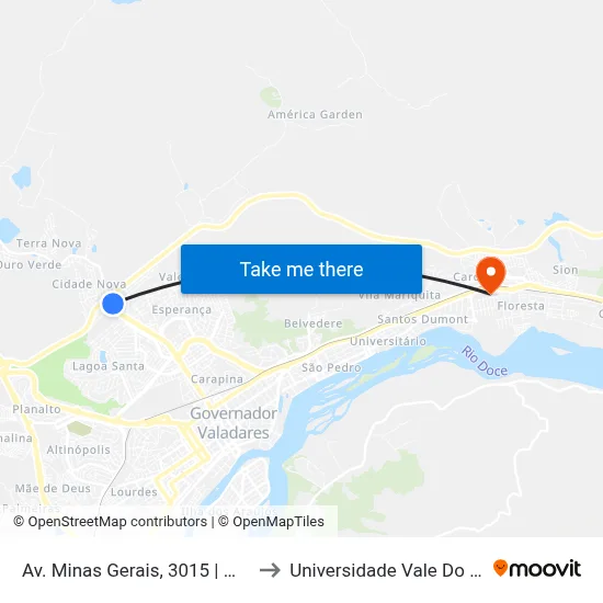Av. Minas Gerais, 3015 | Morada Do Vale III to Universidade Vale Do Rio Doce - Ceu map