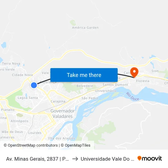 Av. Minas Gerais, 2837 | Posto De Gasolina to Universidade Vale Do Rio Doce - Ceu map