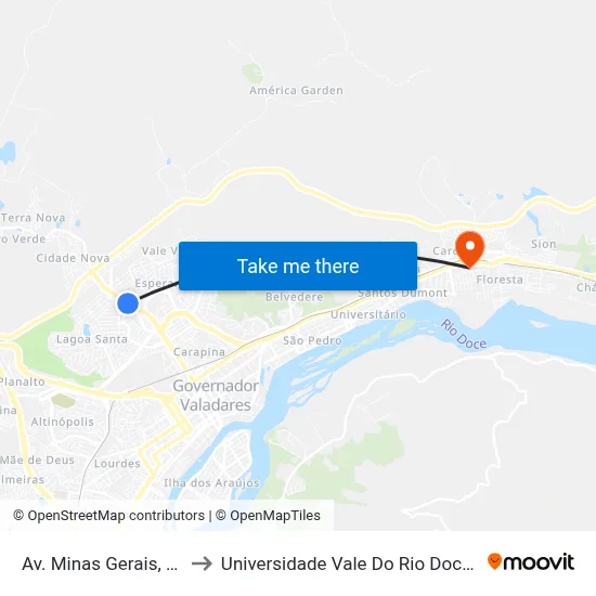 Av. Minas Gerais, 2581 to Universidade Vale Do Rio Doce - Ceu map
