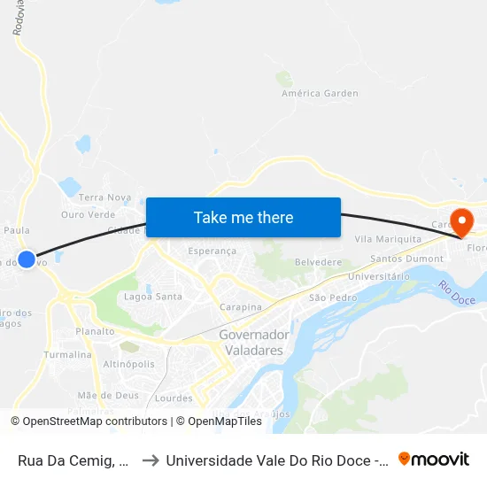 Rua Da Cemig, 580 to Universidade Vale Do Rio Doce - Ceu map