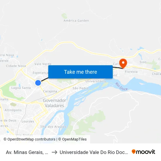 Av. Minas Gerais, 2052 to Universidade Vale Do Rio Doce - Ceu map