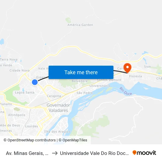 Av. Minas Gerais, 2560 to Universidade Vale Do Rio Doce - Ceu map