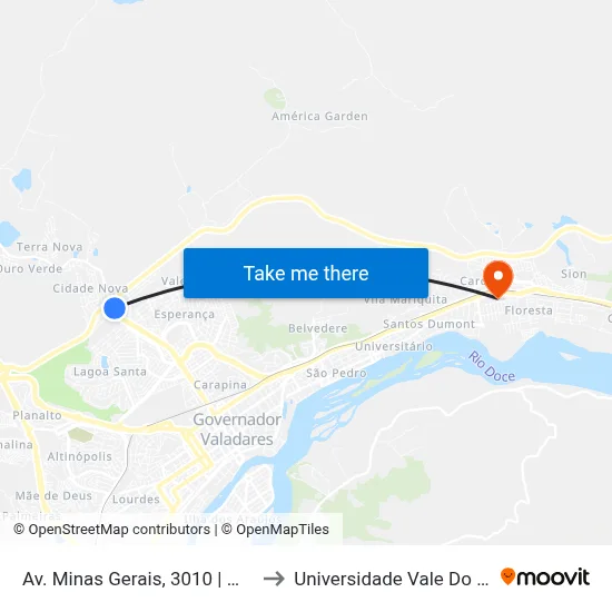 Av. Minas Gerais, 3010 | Morada Do Vale III to Universidade Vale Do Rio Doce - Ceu map