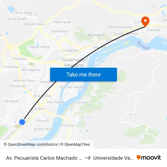 Av. Pecuarista Carlos Machado Rangel, 236 | Depósito Castanheiras to Universidade Vale Do Rio Doce - Ceu map
